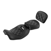 C.C. RIDER Touring Seat + Passenger Backrest Pad Bundle Black White For Harley Touring Road Glide Street Glide Road King, 2009-2023