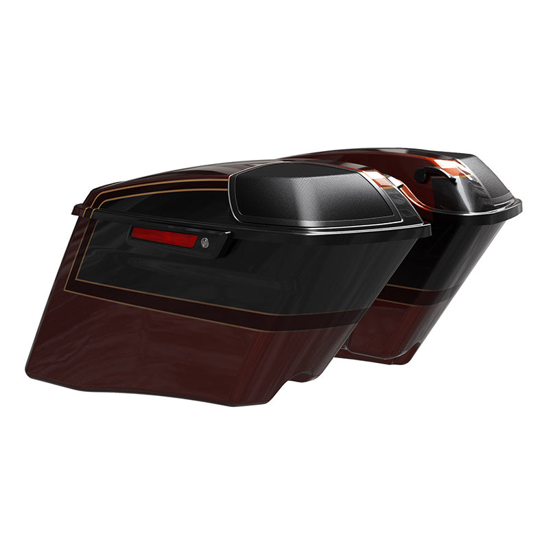HR3 Auburn Sunglo & Black Hole With Rich Bourbon CVO Stretched Saddlebags with Speaker Lids For 14-23 Harley Touring