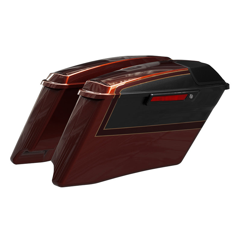 HR3 Auburn Sunglo & Black Hole With Rich Bourbon CVO Stretched Saddlebags with Speaker Lids For 14-23 Harley Touring