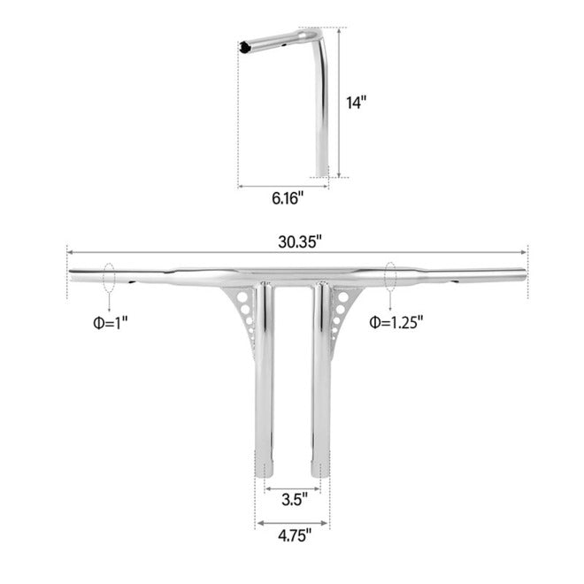 Santee 14" Rise 1.25" T-Bar Straight-Up Handlebar Chrome Gloss Black Fit For Harley 3.5 C to C Hole