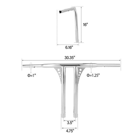 Santee 16" Rise 1.25" T-Bar Straight-Up Handlebar Chrome Gloss Black Fit For Harley 3.5 C to C Hole