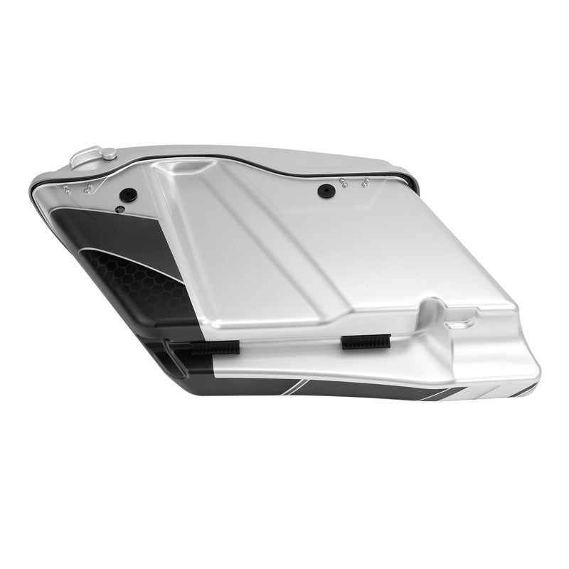 HR3 Silver / Black Honeycomb Fade CVO Stretched Saddlebags with Speaker Lids For 14-23 Harley Touring