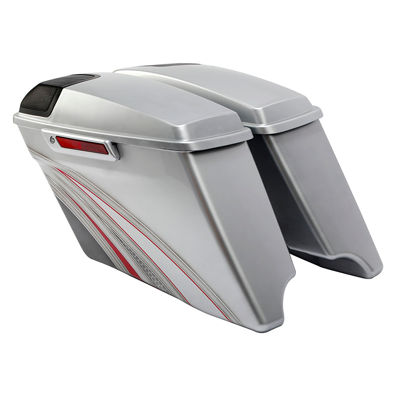 HR3 Candy Red / Silver Honeycomb Fade CVO Stretched Saddlebags with Speaker Lids For 14-23 Harley Touring