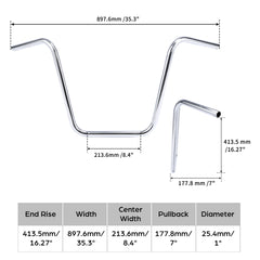 Santee Chrome 1" Ape Hanger Handlebars 16” rise, 34.5” width, 8” center Fit For Harley