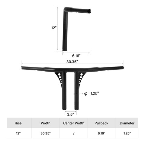 Santee 12" Rise 1.25" T-Bar Straight-Up Handlebar Chrome Gloss Black Fit For Harley 3.5 C to C Hole