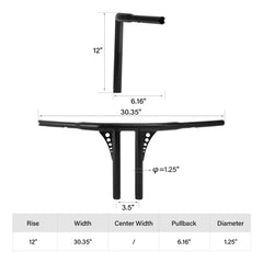 Santee 12" Rise 1.25" T-Bar Straight-Up Handlebar Chrome Gloss Black Fit For Harley 3.5 C to C Hole