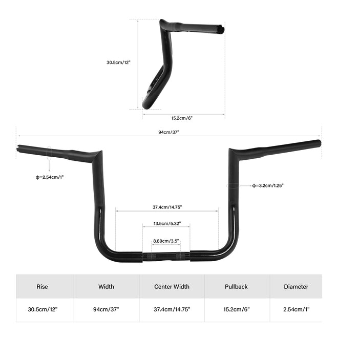 Santee 12" Rise Handlebar 1.25"Ape Hanger Bar Fit For Harley Touring FLHT 1982-up Gloss Black Chrome