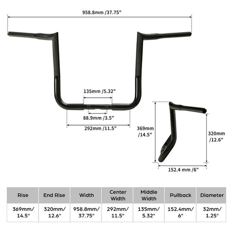 Santee 14" Rise Handlebar 1.25"Ape Hanger Bar Fit For Harley Touring FLHT 1982-up Gloss Black Chrome