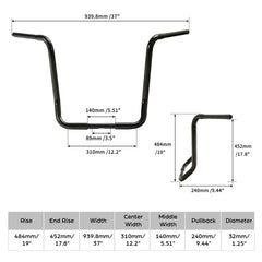 Santee 19" Rise Dresser Handlebar 1.25"Ape Hanger Bar Matte Black Chrome Fit For Harley Touring 82+