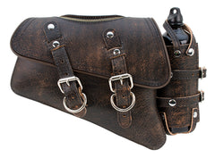 La Rosa Design Black Brown  Leather Zipper Left Swing Arm Solo SaddleBag W/Bottle For Harley Sportster