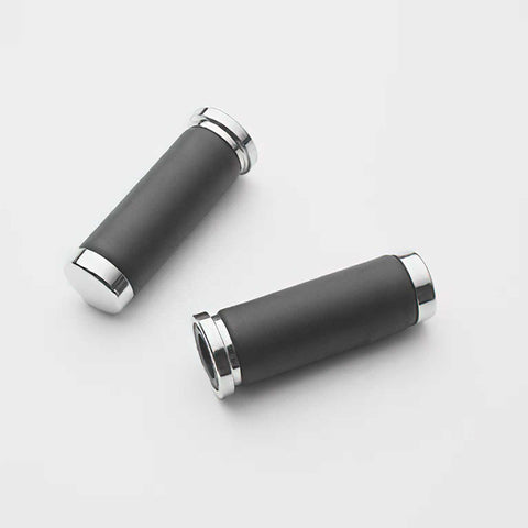 Custom Chrome Black Leather Covered Cushion Grips Chrome End Cap Set For Harley Models 1973-Up