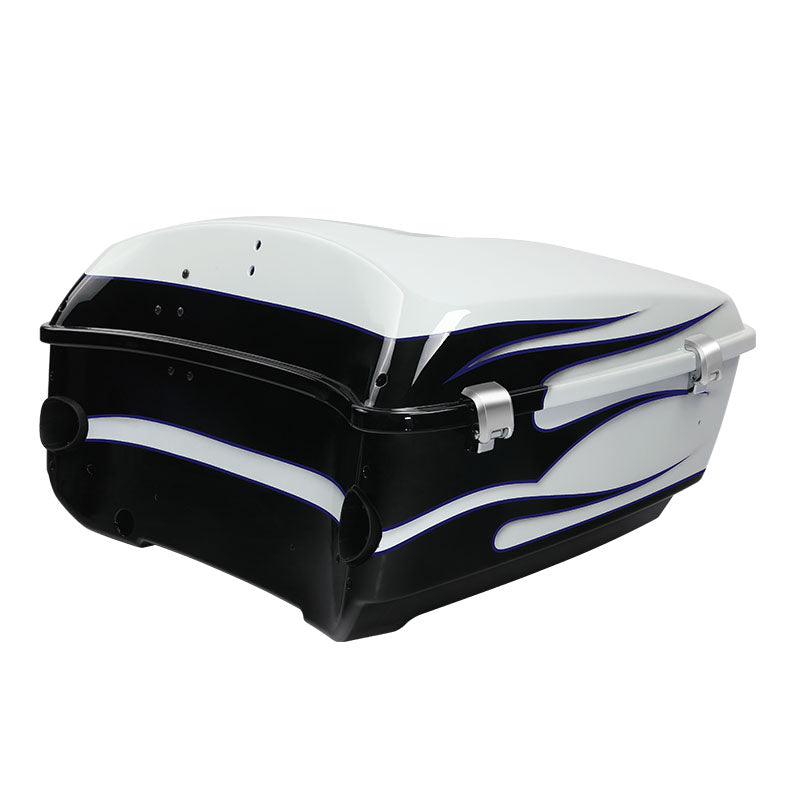 HR3 White Amethyst With Black Licorice Flames King Size Touring Trunk Luggage with Speaker For 14-24 Harley Touring Cut Outs