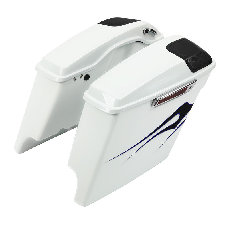 HR3 White Amethyst With Black Licorice Flames 5" Stretched Extended Saddlebags with 5*7" speaker lids For Harley Touring 2014-2023