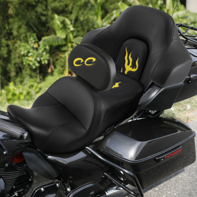 C.C. RIDER Touring Seat Driver Passenger Seat With Backrest For Harley CVO Road Glide Electra Glide Street Glide Road King, Black Yellow, 2014-Later