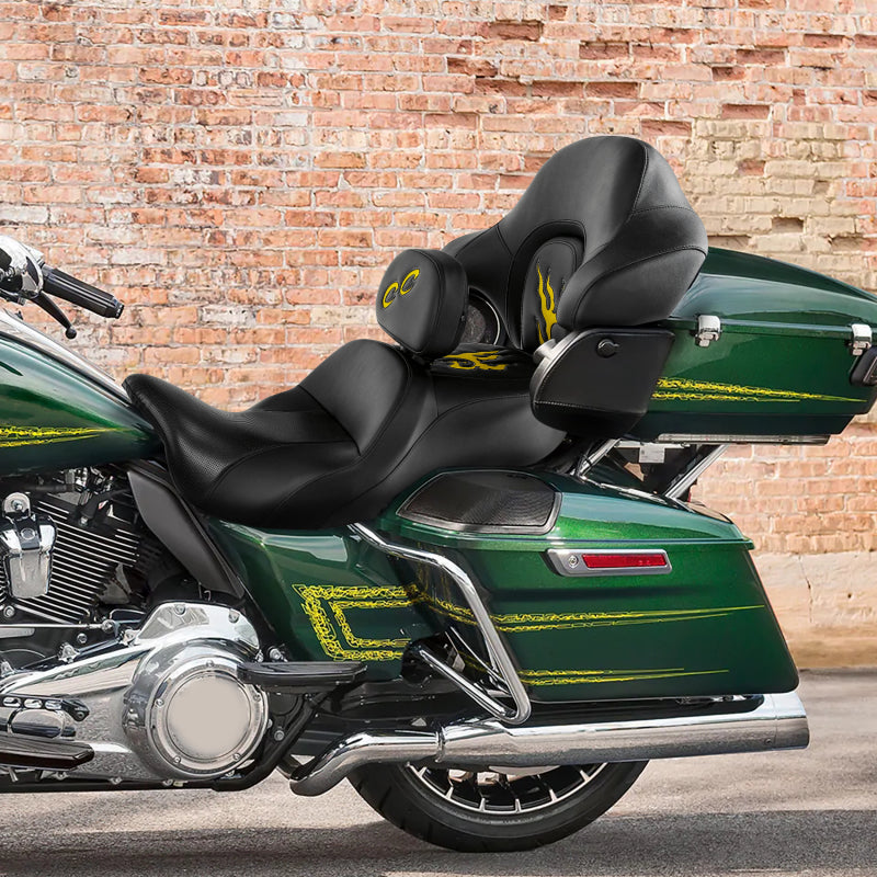 C.C. RIDER Touring Seat Driver Passenger Seat With Backrest For Harley CVO Road Glide Electra Glide Street Glide Road King, Black Yellow, 2014-Later