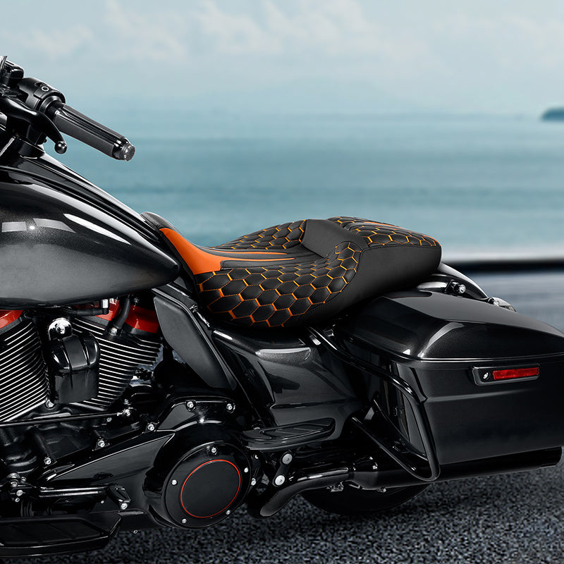 Gel Seat C.C. RIDER Touring Seat 2 up Seat Driver Passenger Seat For Harley Touring Street Glide Road Glide Electra Glide Honeycomb Stitiching, 2008-2023