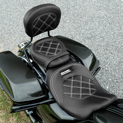 C.C. RIDER Touring Seat + Passenger Backrest Pad Bundle Black White For Harley Touring Road Glide Street Glide Road King, 2009-2023