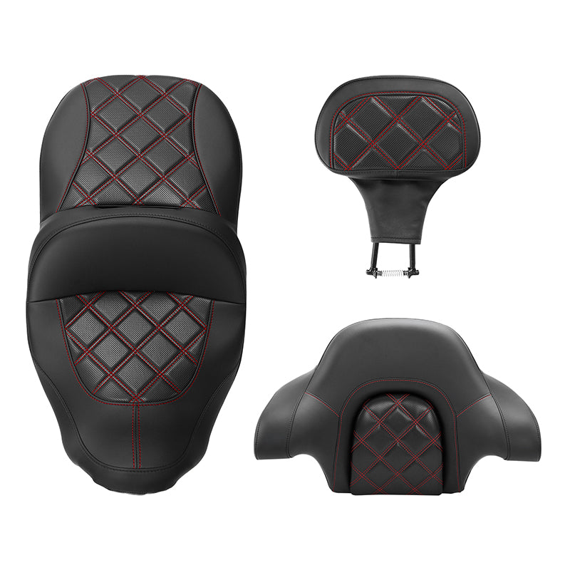 C.C. RIDER Touring Seat Driver Passenger Seat With Backrest For Harley CVO Road Glide Electra Glide Street Glide Road King, Black Red, 2014-2023