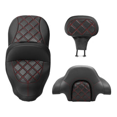 C.C. RIDER Touring Seat Driver Passenger Seat With Backrest For Harley CVO Road Glide Electra Glide Street Glide Road King, Black Red, 2014-2023