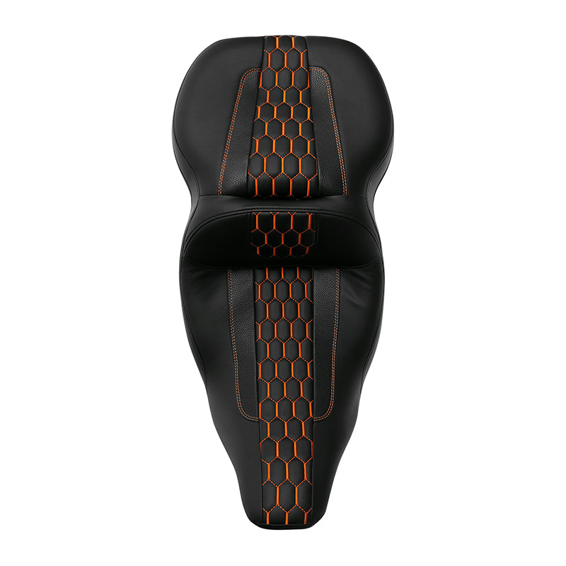 C.C. RIDER Touring Seat 2 Up Seat Driver Passenger Seat Black Orange Honeycomb Stitching For Harley CVO Street Glide Road King Road Glide Electra Glide, 1997-2007