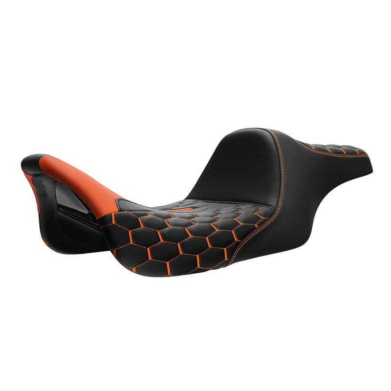 C.C. RIDER Touring Seat 2 Up Seat Driver Passenger Seat Extended Reach Tall Boy Seat Orange Honeycomb Stitching, 2009-2023