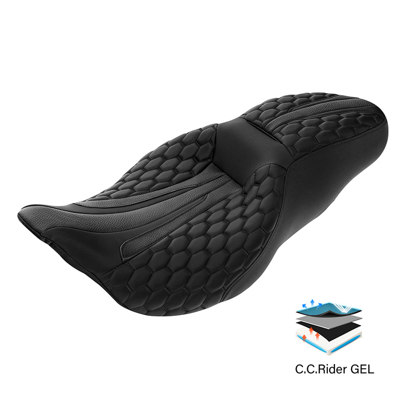 Gel Seat C.C. RIDER Touring Seat 2 up Seat Driver Passenger Seat For Harley Touring Street Glide Road Glide Electra Glide Honeycomb Stitiching, 2008-2023