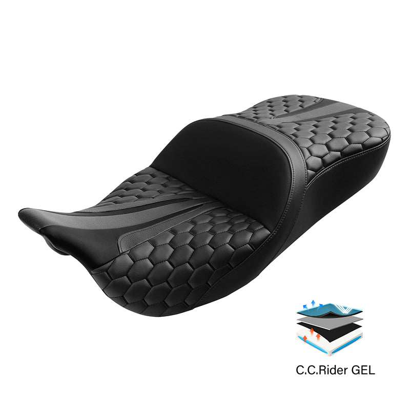 Gel Seat C.C. RIDER Touring Seat Driver Passenger Seat 2 Up Seat Black Honeycomb Stitch For FL Touring Road King Electra Glide Road Glide, 2009-2023