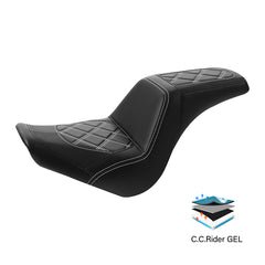 Gel Seat C.C. RIDER Softail Step Up Seat 2 Up Seat Diamond Stitching For Street Bob Softail FXBB Standard FXST Models 2018-2025