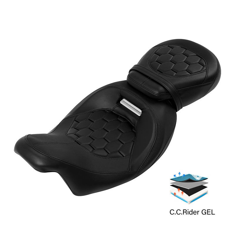 C.C. RIDER Touring Seat Two Piece 2 Up Seat Low Profile Driver Passenger Seat Rubicon For Road Glide Street Glide Road King, 2009-2023