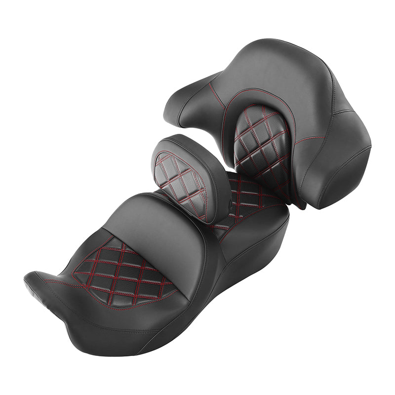 C.C. RIDER Touring Seat Driver Passenger Seat With Backrest For Harley CVO Road Glide Electra Glide Street Glide Road King, Black Red, 2014-2023