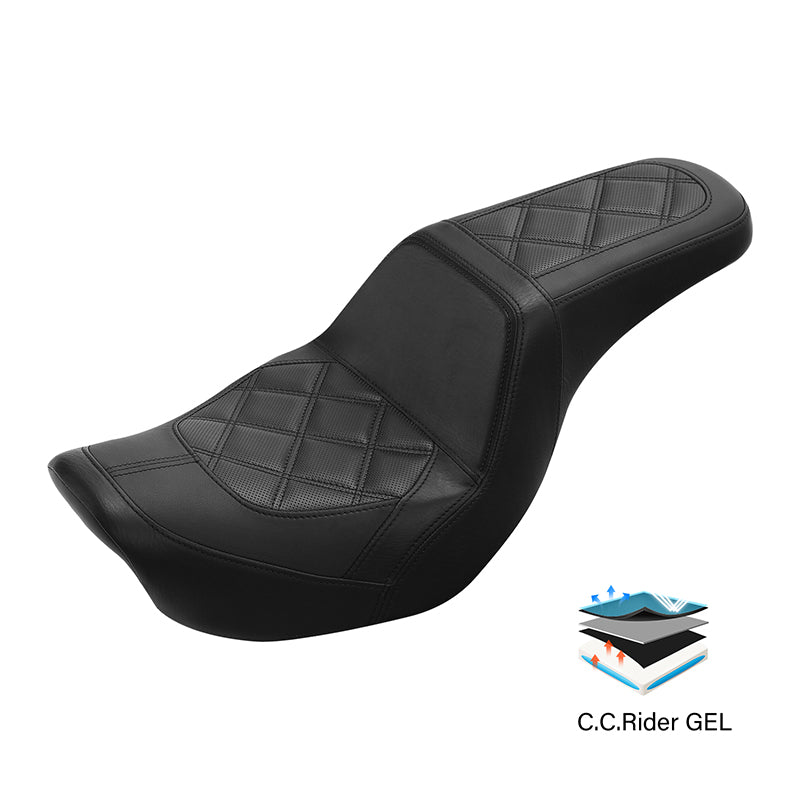 Gel Seat C.C. RIDER Dyna Step Up Seat 2 up Seat Diamond Stitching For Dyna Low Rider Fat Bob FXD/FXDWG, 2006-2017
