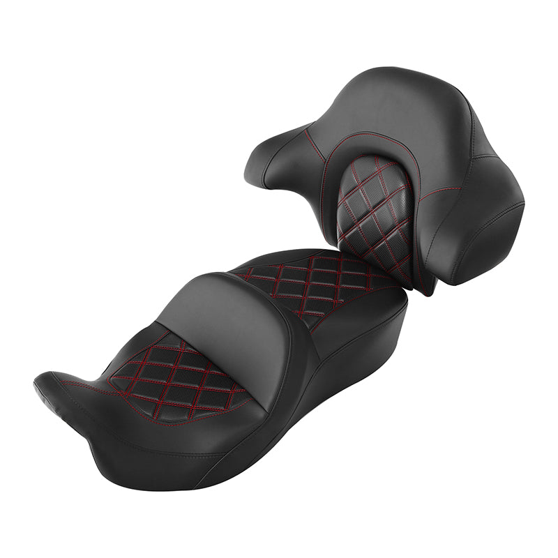 C.C. RIDER Touring Seat Driver Passenger Seat With Backrest For Harley CVO Road Glide Electra Glide Street Glide Road King, Black Red, 2014-2023