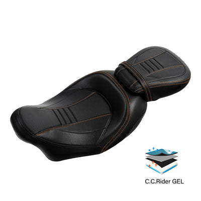C.C. RIDER Touring Seat Two Piece 2 Up Seat Low Profile Driver Passenger Seat Bulllet For Road King Road Glide Street Glide, 2009-2023
