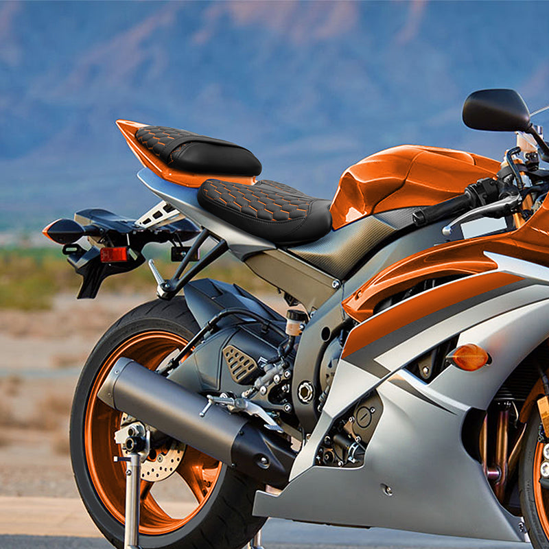C.C. Rider Black Orange Honeycomb Front and Rear Seat for Yamaha YZF R6 2008-2016