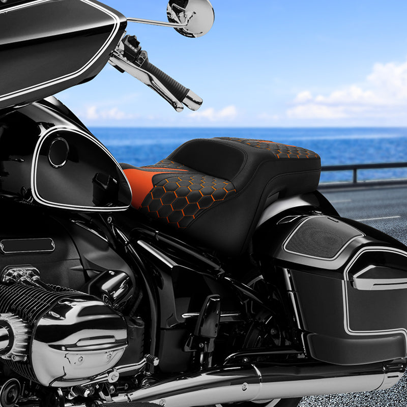 C.C. Rider BMW R18B R18 Transcontinental One Piece Seat Rider Passenger Seat Pillion Cushion Orange Honeycomb Stitching, 2020-2024