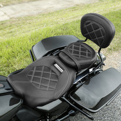 C.C. RIDER Touring Seat + Passenger Backrest Pad Bundle Black White For Harley Touring Road Glide Street Glide Road King, 2009-2023