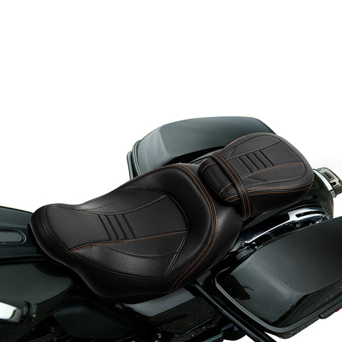 C.C. RIDER Touring Seat Two Piece 2 Up Seat Low Profile Driver Passenger Seat Bulllet For Road King Road Glide Street Glide, 2009-2023