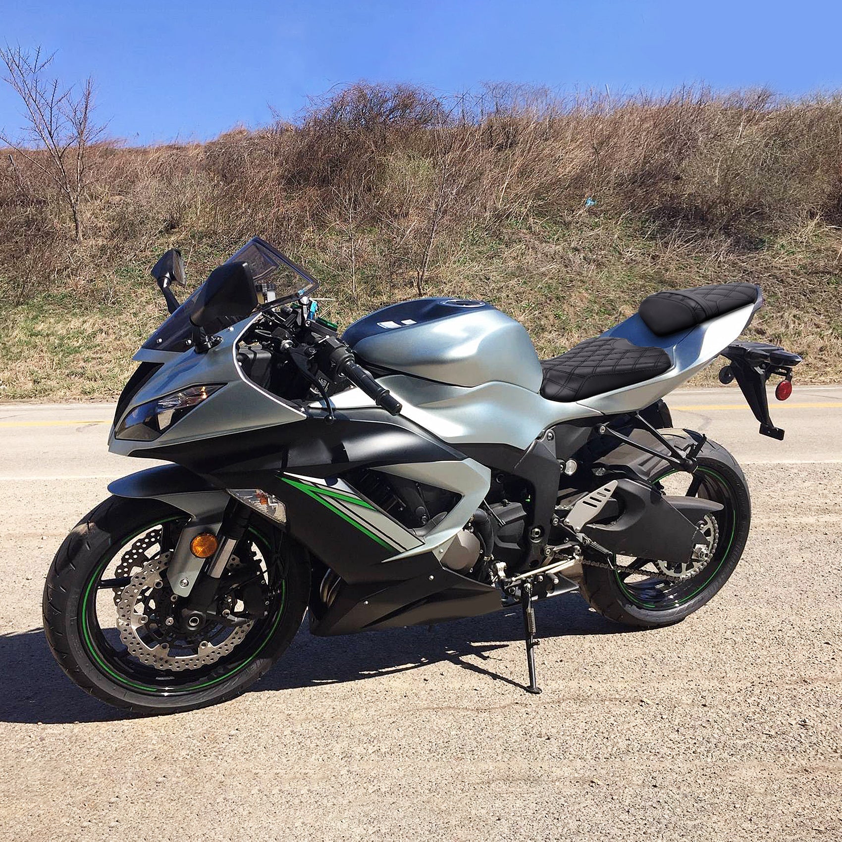 C.C. RIDER Ninja ZX6R ZX636 Front And Rear Seat For Kawasaki Black Lattice Stitch, 2009-2018