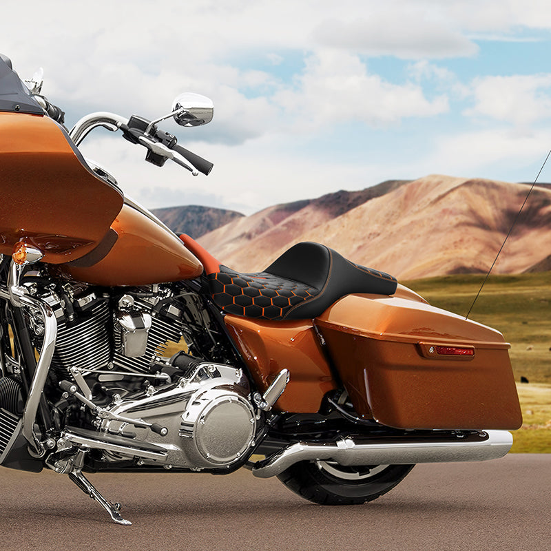 C.C. RIDER Touring Seat 2 Up Seat Driver Passenger Seat Extended Reach Tall Boy Seat Orange Honeycomb Stitching, 2009-2023