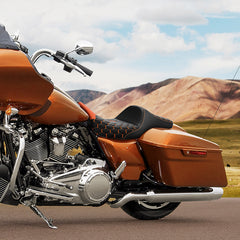 C.C. RIDER Touring Seat 2 Up Seat Driver Passenger Seat Extended Reach Tall Boy Seat Orange Honeycomb Stitching, 2009-2023