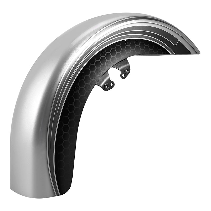 HR3 Silver / Black Honeycomb Fade Motorcycle 18" Wide Tire Front Mudguard Fender For Harley Touring Models 2014-2023