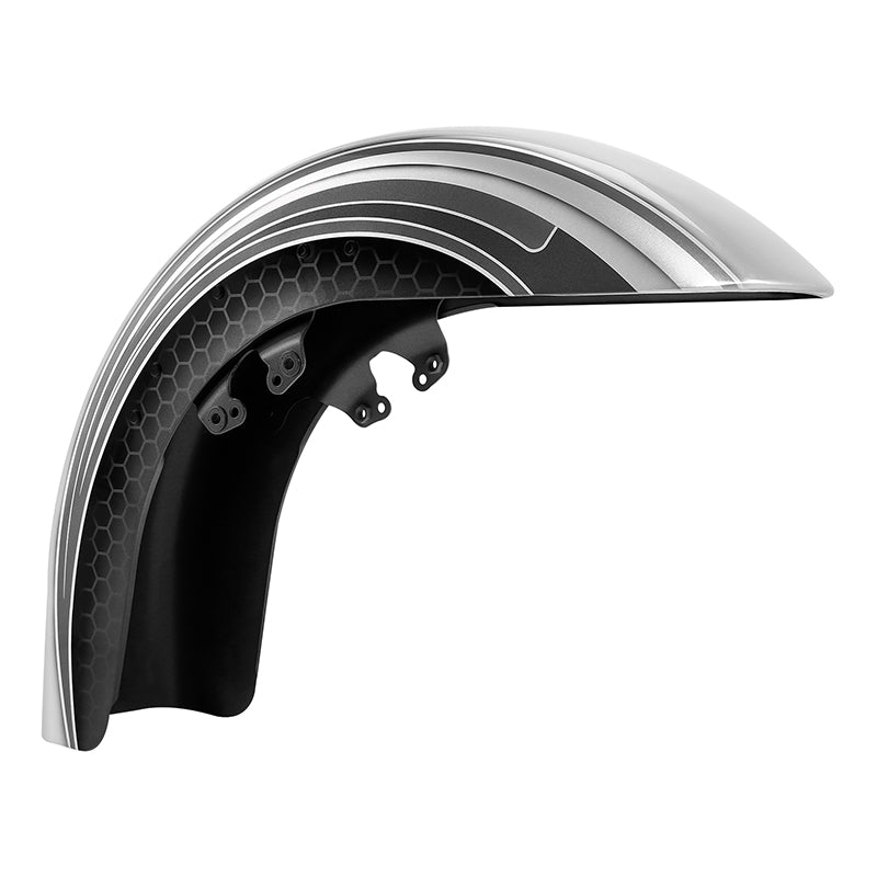 HR3 Silver / Black Honeycomb Fade Motorcycle 18" Wide Tire Front Mudguard Fender For Harley Touring Models 2014-2023