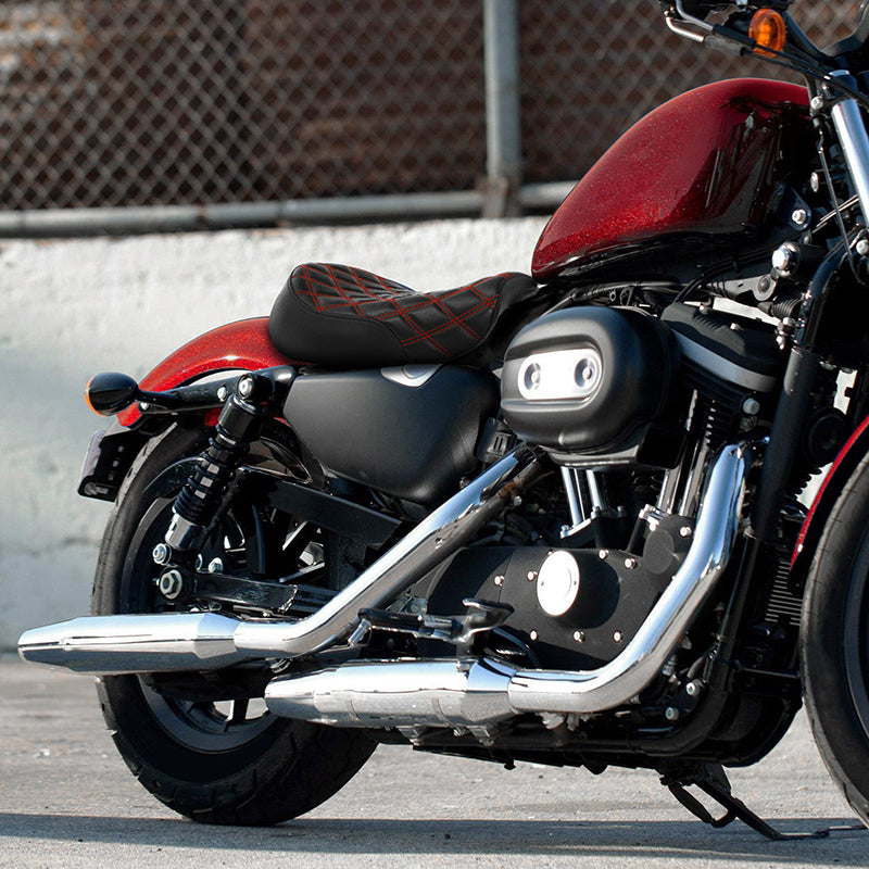 C.C.RIDER Sportster Seat Front Solo Seat Driver Rider Cushion Red Diamond Stitching, 2010-2023 XL models
