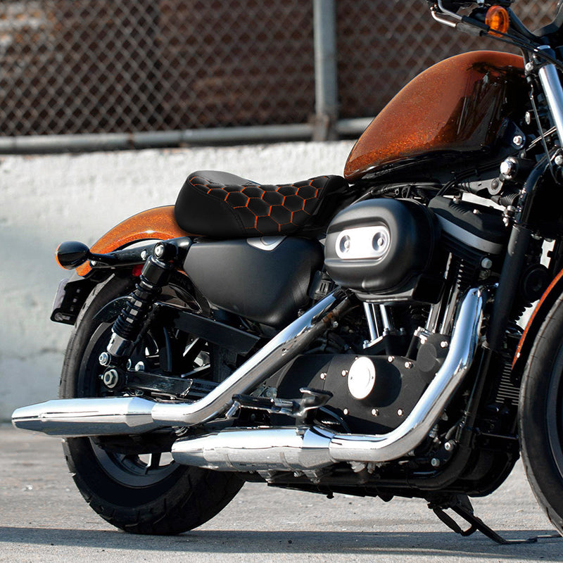 C.C.RIDER Sportster Seat Front Solo Seat Driver Rider Cushion Orange Honeycomb Stitching, 2010-2023 XL models