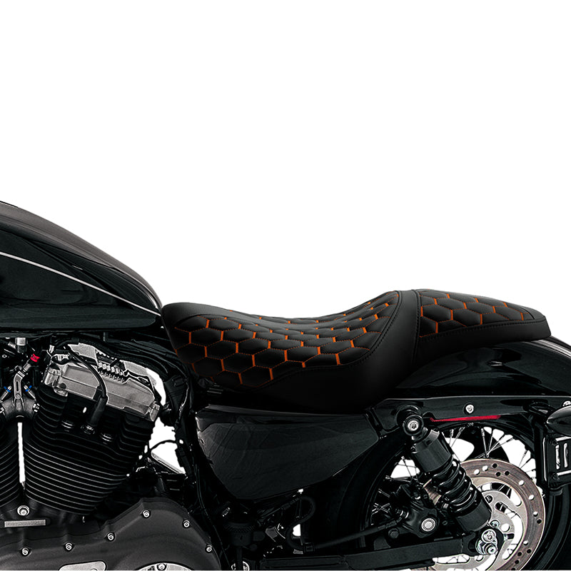 C.C. RIDER Orange Honeycomb Sportster Seat 2 up Seat Iron 883 Iron 1200 XL883 XL1200 Bobbor Seat, 2004-2023