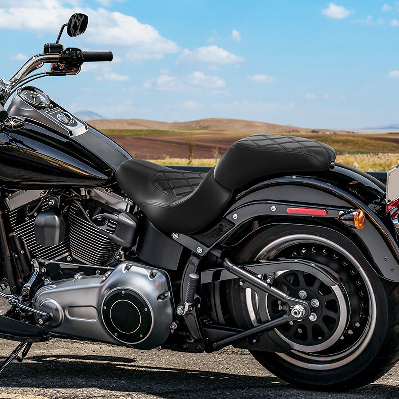 C.C. RIDER Softail Seat Two Piece 2 Up Seat Low Profile Driver Solo Seat Passenger Seat Black Lattice For Harley Fat Boy Cross Bones Softail, 2006-2017