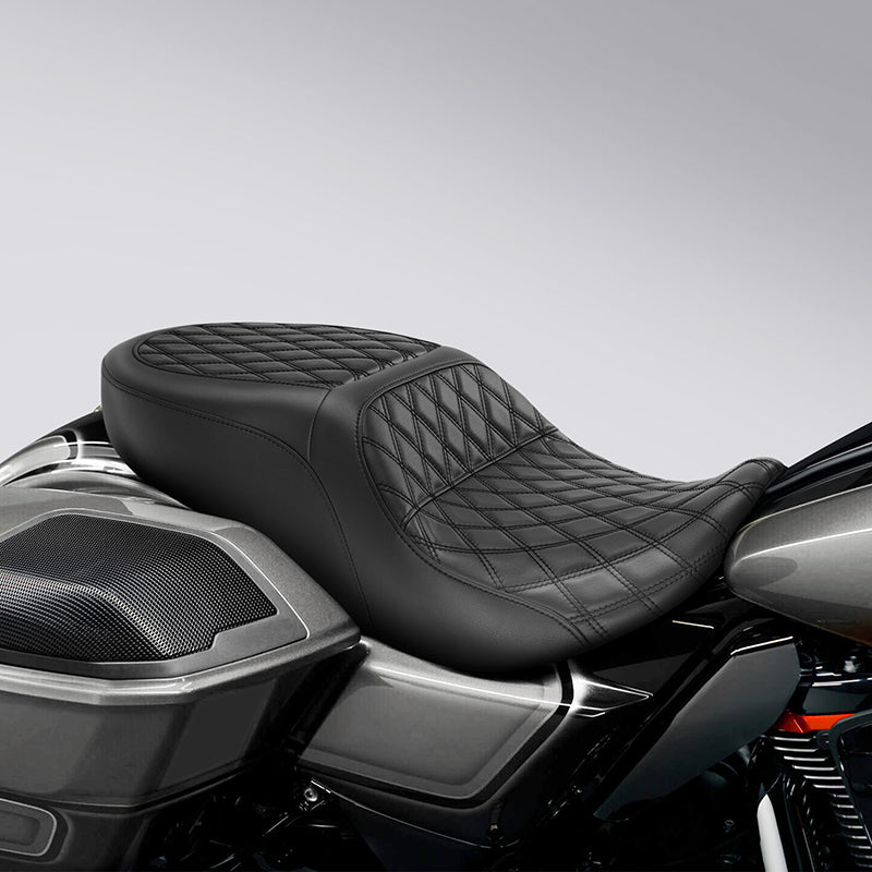 C.C. RIDER Touring Seat One Piece 2 Up Seat Driver Passenger Seat Black Lattice For Road Glide Street Glide, 2023-2024