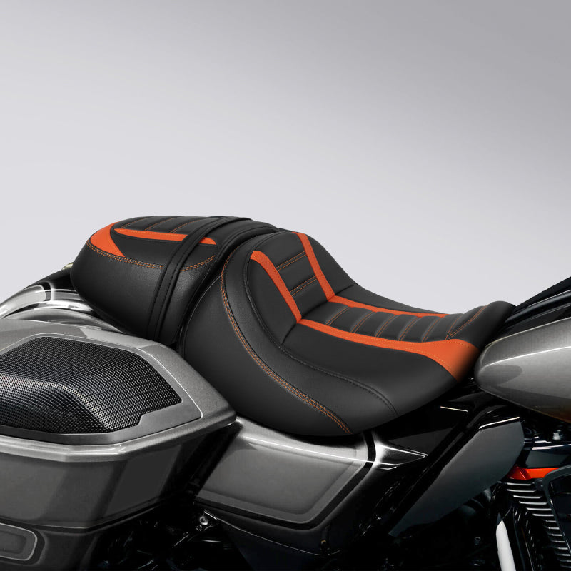 C.C. RIDER Touring Seat Two Piece 2 Up Seat Driver Solo Seat Passenger Seat Orange Trimming For CVO Street Glide CVO Road Glide, 2023-2025