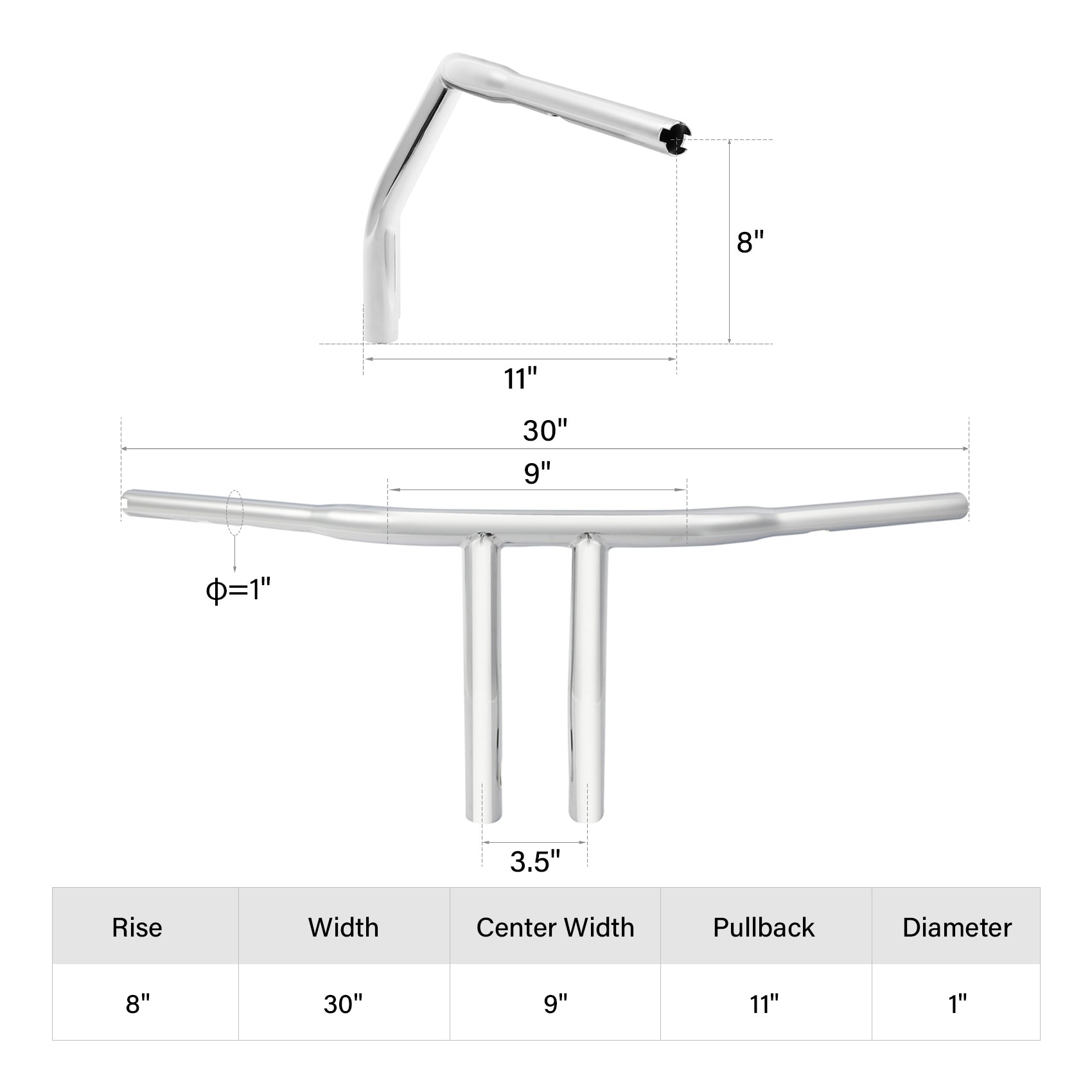 Santee 8" Rise 1-1/4" T-Bar Handlebar Chrome Black Fit For Harley with 3.5" Center to Center Hole