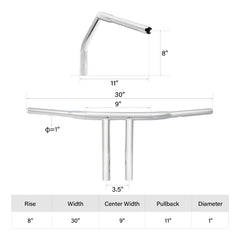 Santee 8" Rise 1-1/4" T-Bar Handlebar Chrome Black Fit For Harley with 3.5" Center to Center Hole